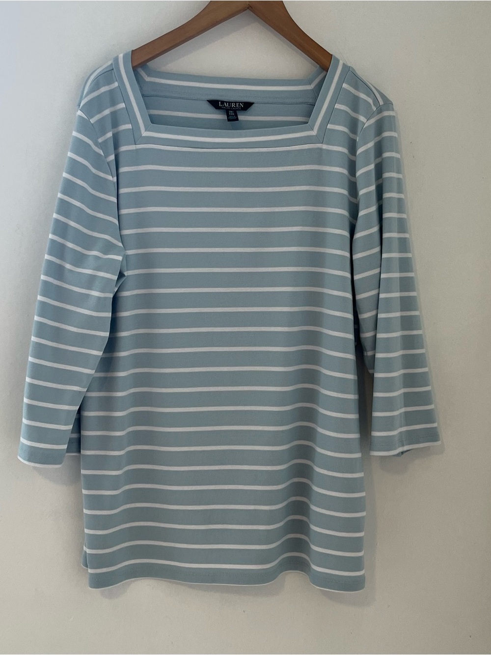 Lauren Ralph Lauren Light Blue and White Striped Square Neck quarter Sleeve Tee